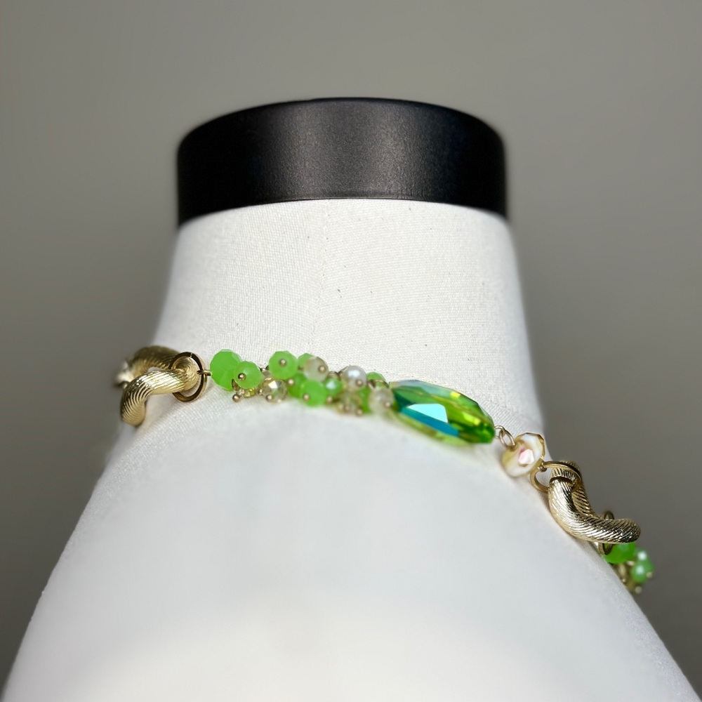 Vintage Gold Link Green Glass Necklace Jewelry Beads Cocktail Y2K Statement Rare - Picture 5 of 14